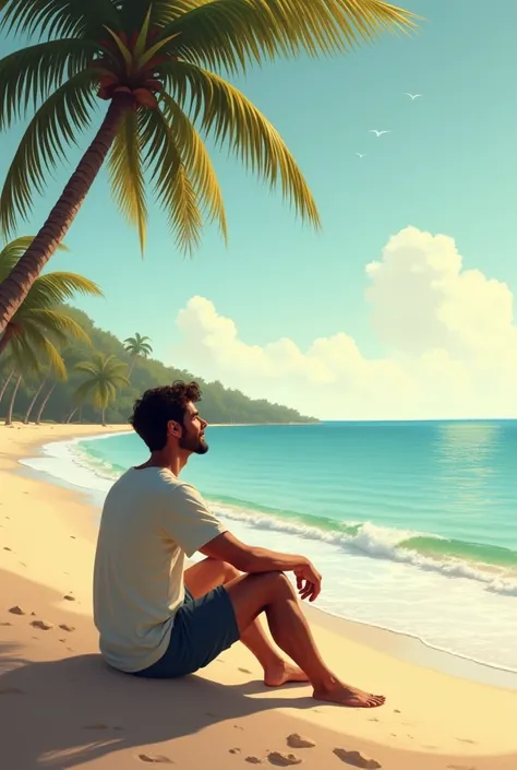 . A calm, peaceful beach scene symbolizing healing, with a man sitting by the shore, looking content and free after walking away from betrayal.