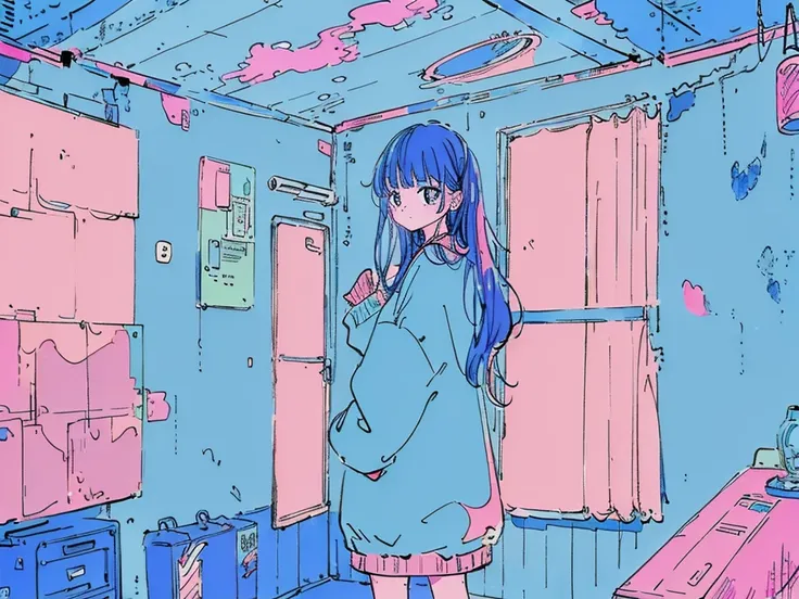  Quiet Room 、 long haired girl、 the color of the hair is blue and pink、The color of the wall is light blue 、 the color of the window is pink 、 is looking at this、Melancholy