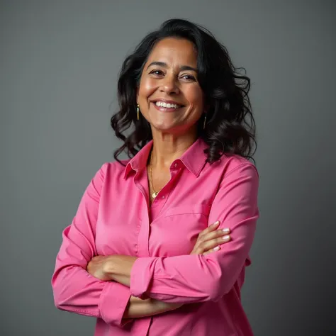 An 40 year old Latin American woman, make her with a pink shirt looking forward and with her arms crossed, with a slight smile, put a gray background in the image