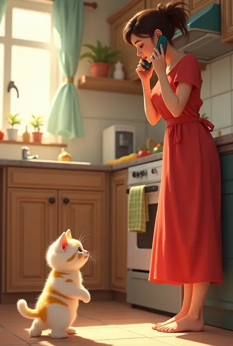 A fluffy white and yellow kitten in pyjamas approached her mother, who was talking on the phone and cooking, wearing a red dress, in the kitchen