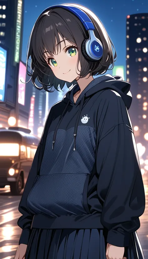 {{{masterpiece}}}, {{{ top quality }}}, {{ Ultra Details}}, { beautiful,  detail eyes},  1 girl, Alone, (( black hair)),  bob cut, (( green eyes)), (wavy hair ), (pattsun maegami), Black headphones, (cute black patterned hoodie ), cool black hat ,( cute bl...