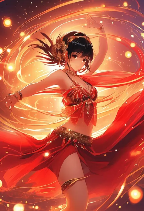 {worst quality, low-quality}, Anime style illustration,  Microphotography, belly dancer girl, dancer, she is dancing, short black hair, very short bangs, red belly dancer costume, belly dance, perfect hands, music note symbol ♪ halo spinning around, stretc...