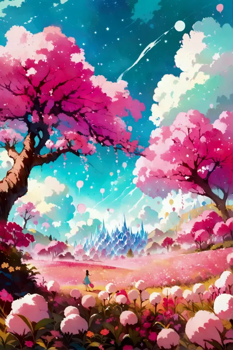 Landscape, beautiful illustration, pink fields, distant chocolate waterfall, cotton candy trees, pink sky, stars, pink plantation, pink lawn, ice cream cone.

