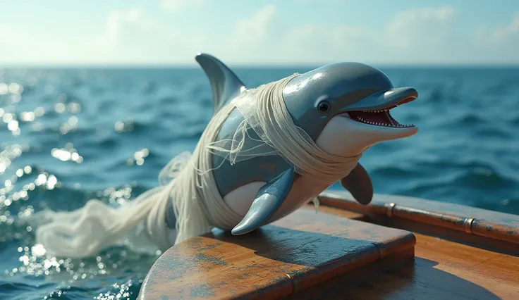 A dolphin wrapped in gauze and laughing on the deck of a boat in the middle of the sea