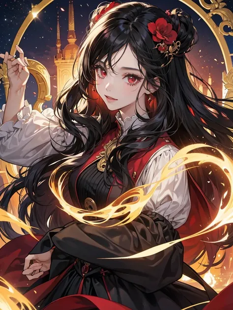 anime woman with red eyes and long, wavy black hair.. She is happy and playing joyfully. She is in the luxurious palace. in the night. Her hair is adorned with gold flower decorations, and there are words added to the side of her hair.  mature women. sadis...