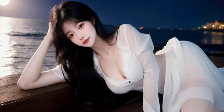 Best Quality,4K,8k,High resolution,masterpiece:1.2,Very detailed,A tired girl,length, Flowing black hair,Delicate features,thinking eyes,White skin,Happy expression,Great atmosphere、Wearing a shirt、Romantic atmosphere、Moonlit night and sea in the backgroun...