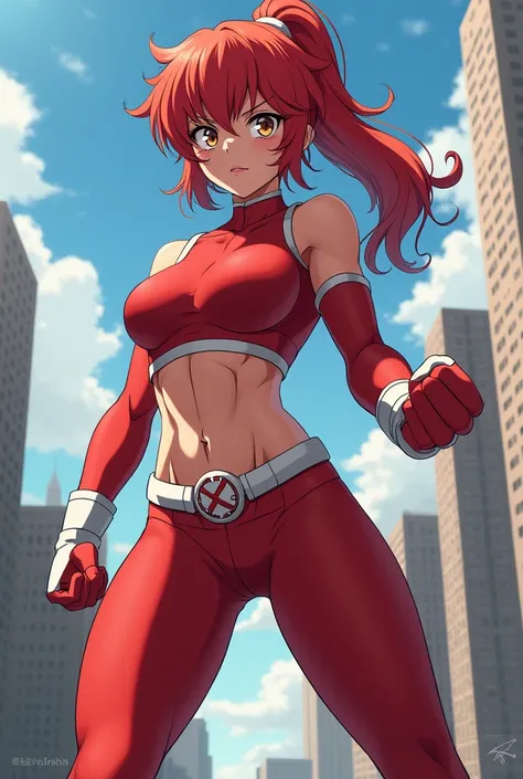  My Hero Academia Style ,   anime girl , woman, young woman ,  full body shot ,( Fighting Stance :1.3),Long Hair, Red Hair,   Brown Eyes , hero suit, Full Body Suit,  red suit with white details, perfect anatomy,  enhanced abs , super detailed,(building:1....