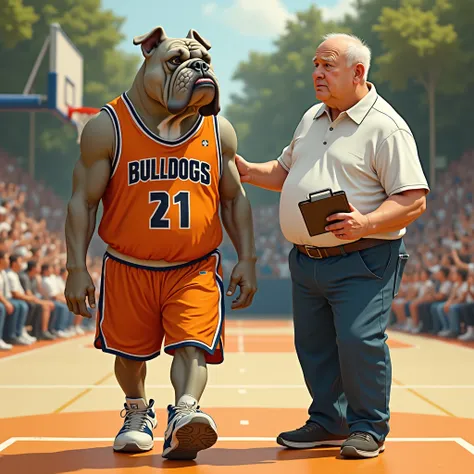 detailed lean athletic anthro bulldog wearing orange basketball shorts walking off a basketball court away from an overweight white bald coach holding a clipboard dropping his orange Bulldogs jersey into a trash can on the way out