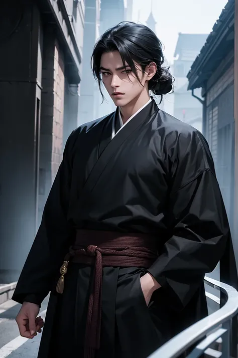 Man wearing a black kendo suit with long black hair tied to one side in a pose for a photo, inspired Cheng Yan Jun , Artwork in guweiz style,  A delicate bisexual prince standing nearby , Cool anime poses, Cheng Yan Jun ,  beautiful bisexual prince ,  anim...