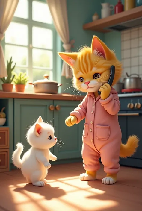 A fluffy white and yellow kitten in pyjamas approached her mother cat, who was talking on the phone and cooking in the kitchen