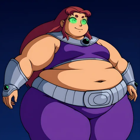 score_9, score_8_up, score_7_up, best quality, masterpiece, 4k, very aesthetic, source_anime, 1girl(obese figure:1.5), long ginger hair, green eyes, glowing sclera, small breasts, starfire, purple croptop, miniskirt, bracers, metal belt, tan skin, dynamic ...