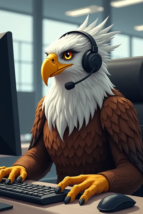 Eagle animal on an office computer using headphones with microphone as a callcenter operator