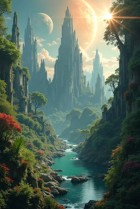 an apocalyptic lush green earth with ruins from civilization, new species of animals and plants, a water source, and a colorful sky with planets in the background