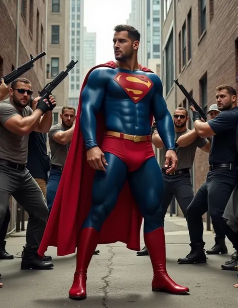 A group of gangsters shoot Superman. a buff man in a superman costume (think movie version of Superman-black undercut, blue tights and red cape and red boots and red briefs) holds a small