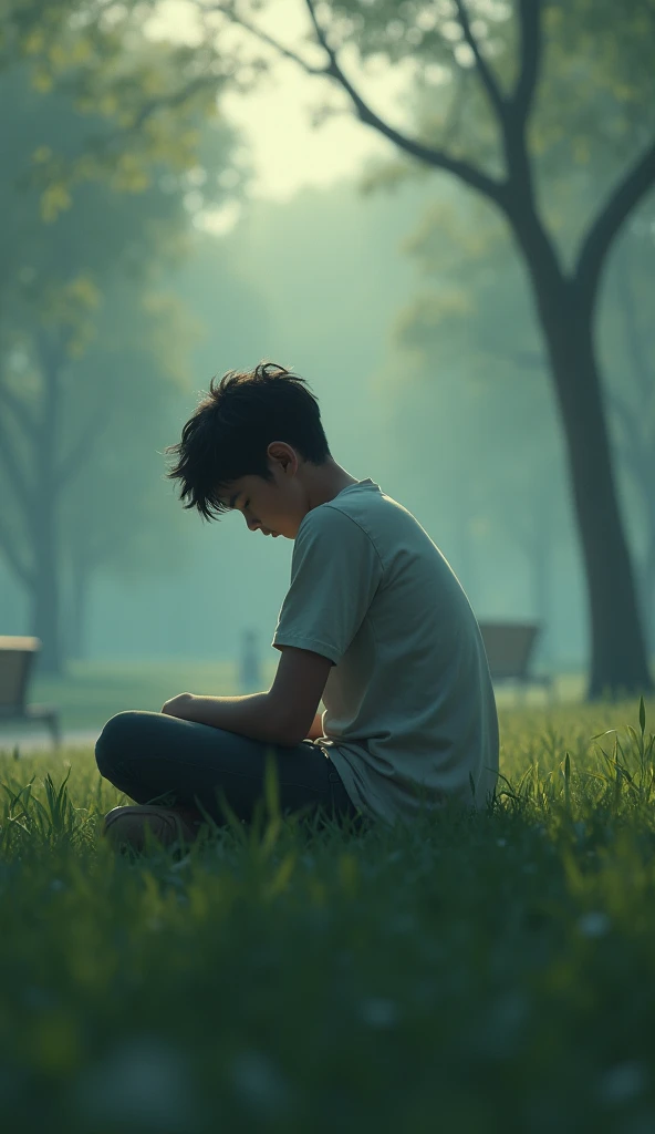 A sad little teenager named Carlos is sitting on the grass in the blurry park.. 