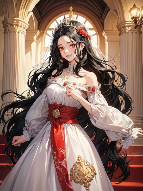 woman with red eyes and long, wavy black hair.. She is happy and playing joyfully. She is in the luxurious palace. in the night. Her hair is adorned with flower decorations  mature women. wear white wedding dress. solo. she bridal