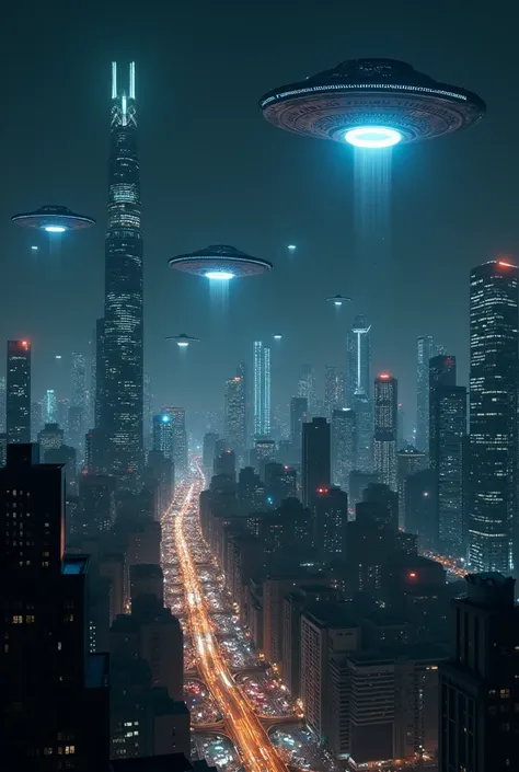 UFOs in the night sky of the metropolis 