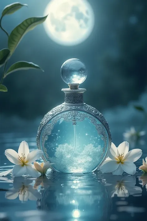 "A delicate, ornate perfume bottle containing jasmine essence rests under moonlight. The liquid glows pearly white as tiny jasmine blossoms float in a shallow water reflection nearby, giving off an otherworldly elegance."
