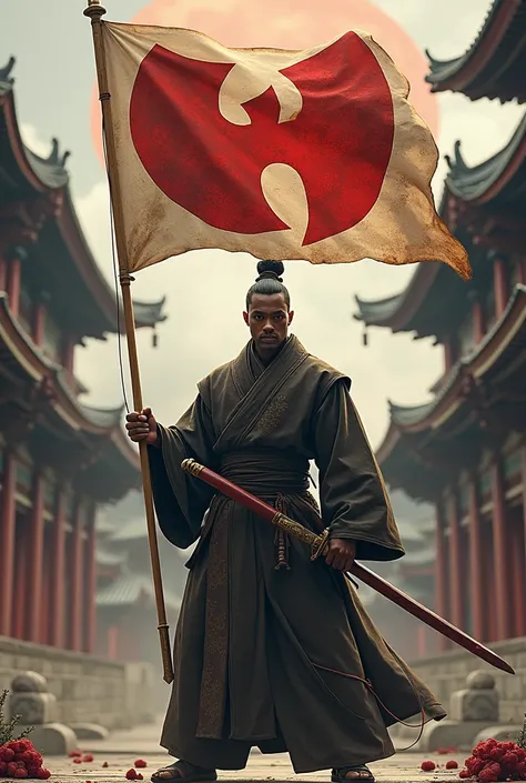 
A black man as a Shaolen holding a paper sword that is writen with red ink, the Shaolen is wearing ancient Shaolen outfit, with the background of Japanes ancient buildings that has a big wu-tang clan flag