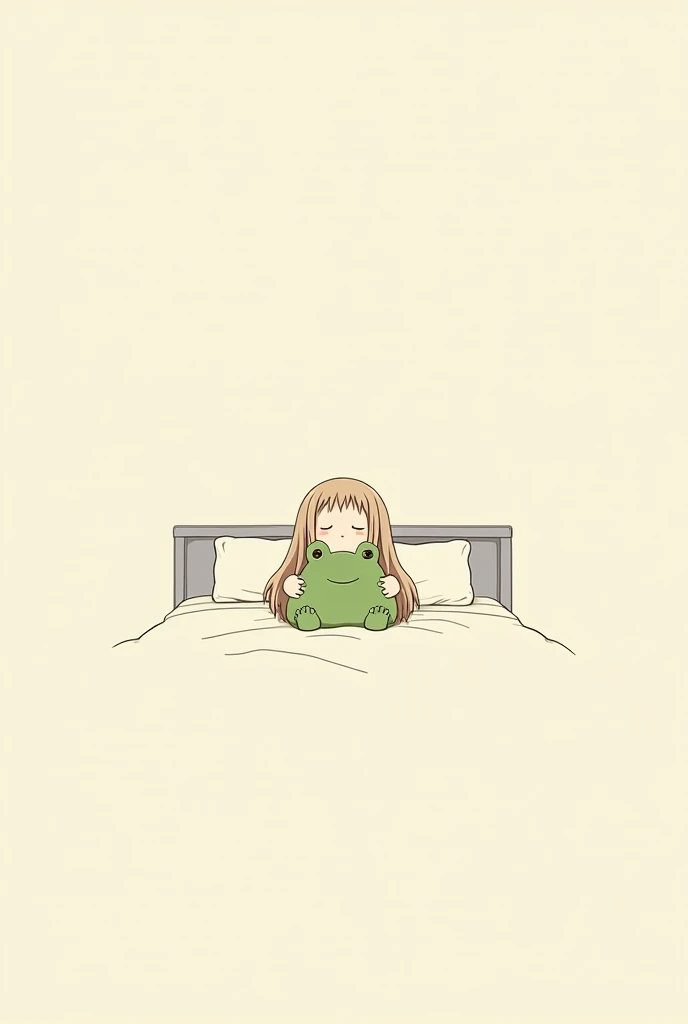  And a minimalist one without many colors, fringe, Unique anime ,  Short animation , seria,  long hair and a stuffed frog on a bed 