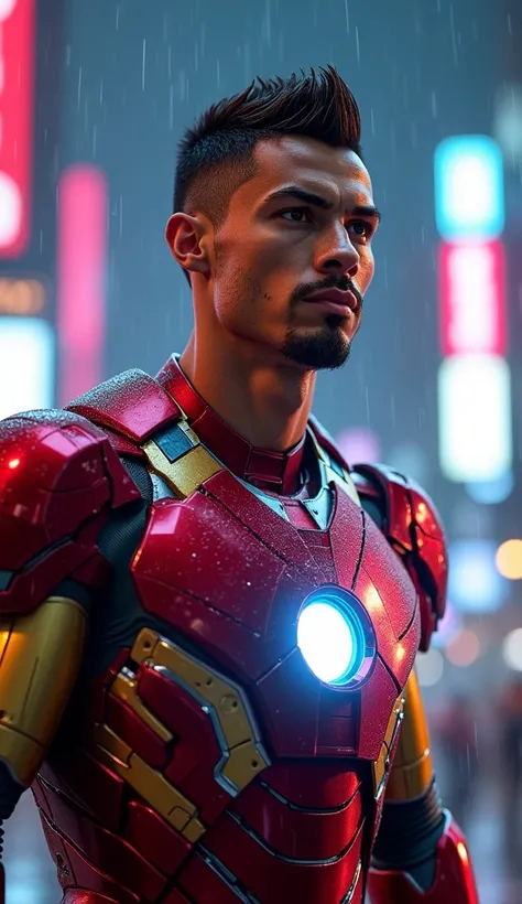 "A hyper-realistic, cinematic superhero fusion of Iron Man and Cristiano Ronaldo. The character has Cristiano Ronaldos facial features and athletic build combined with a sleek, futuristic Iron Man-inspired suit in metallic red and gold. The suit is adorned...