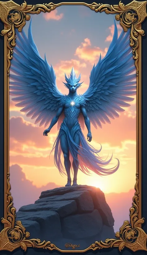 A photo of a hyper-realistic masterpiece of a majestic mythical creature with a humanoid form. The creature has a blue and white feathered attire and expansive wings spread out against a vibrant sunrise sky. The creature stands atop a stone platform and ha...