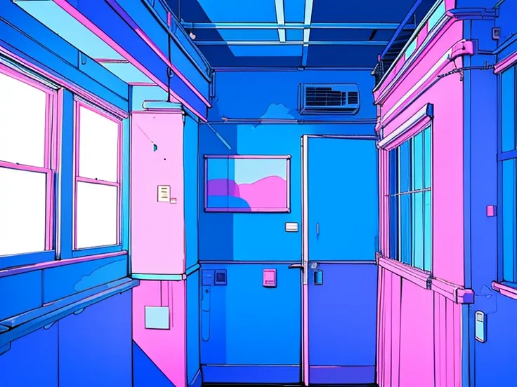  Quiet Room 、 long haired girl、 the color of the hair is blue and pink、The color of the wall is light blue 、 the color of the window is pink 、 is looking at this、Melancholy