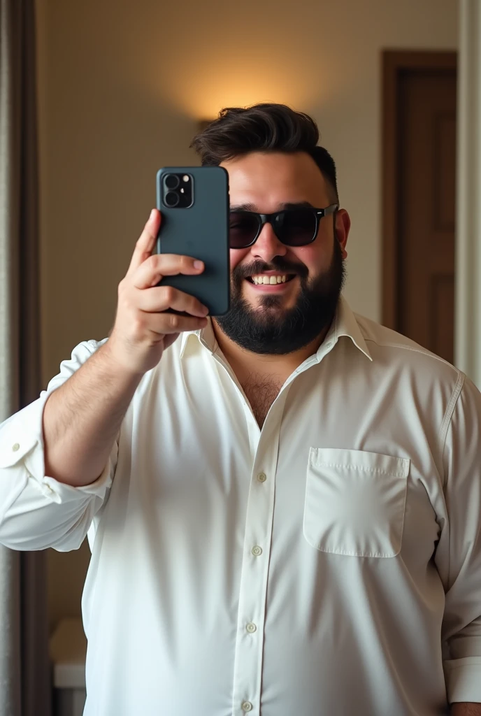 Young man of 27 white  , chubby , with beard  ,  smiling ,   wearing an elegant white shirt ,  with black sunglasses ,  taking a picture with an iPhone 16 in a mirror 