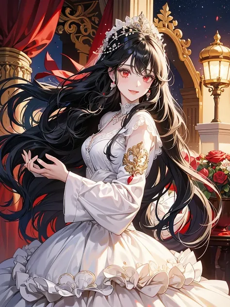 woman with red eyes and long, wavy black hair.. She is happy and playing joyfully. She is in the luxurious palace. in the night. Her hair is adorned with flower decorations  mature women. wear white wedding dress. solo. she bridal