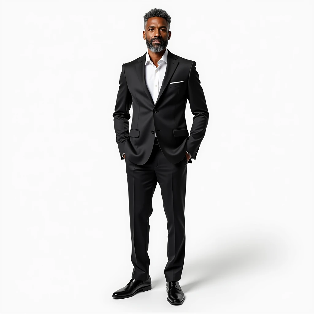  Realistic image black man , 54 years old, 1.85 meters, 90 kg, Skinny spotted , Hair,  curly short and gray,  full body image, looking forward,  white background, short beard,  square jaw ,  tattooed arms ,  Slim suit , shoe