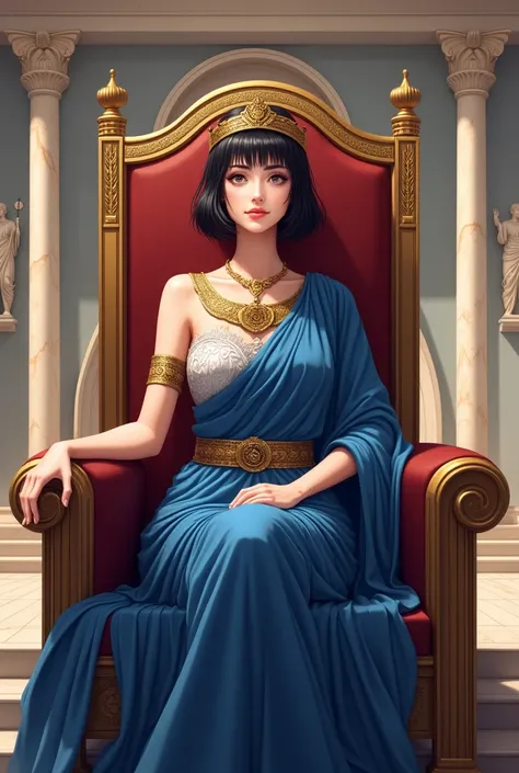  an ancient Greek queen of Athens,  sitting on the throne, wearing an ancient Greek crown , With blue garments,  short hair,  anime style , Ancient Greece scenery, Year 1500 a .c 