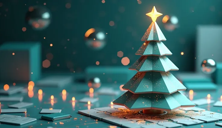 christmas new year tech style. Isometric christmas tree with decoration balls, digital documents and communication elements