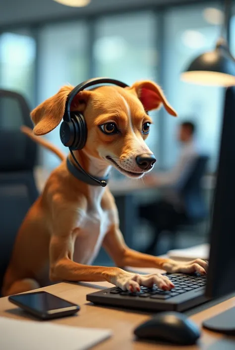 Animal skinny dog on an office computer using headphones with microphone as a callcenter operator