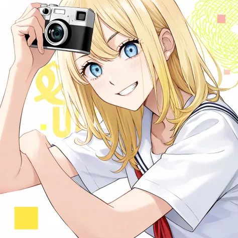 A Tokyo Revengers girl with blonde hair and blue eyes, wearing a school uniform, with her hair down, smiling at the camera.

