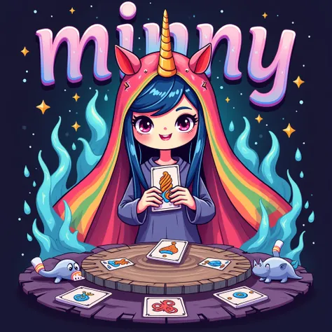 Put the big word “minny 861” in the picture, make a cool cartoon, put on a rainbow unicorn veil, hold tarot cards, graphic lines, cool magic.