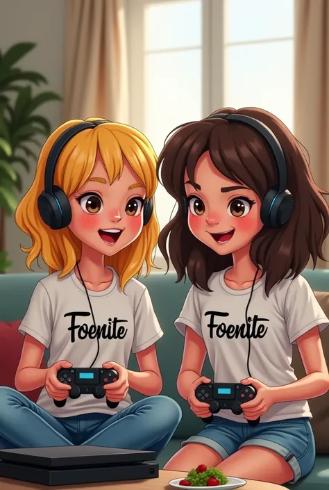  French stereotype drawing of 2 girls playing Play Station 4 with Foenite t-shirts the 2 girls, one of the blonde girls and the other brunette girl 