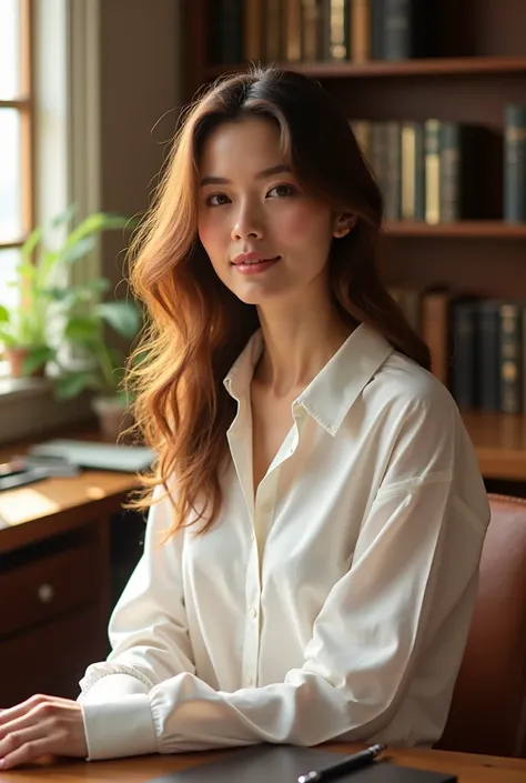 Beautiful woman in white shirt in office environment 