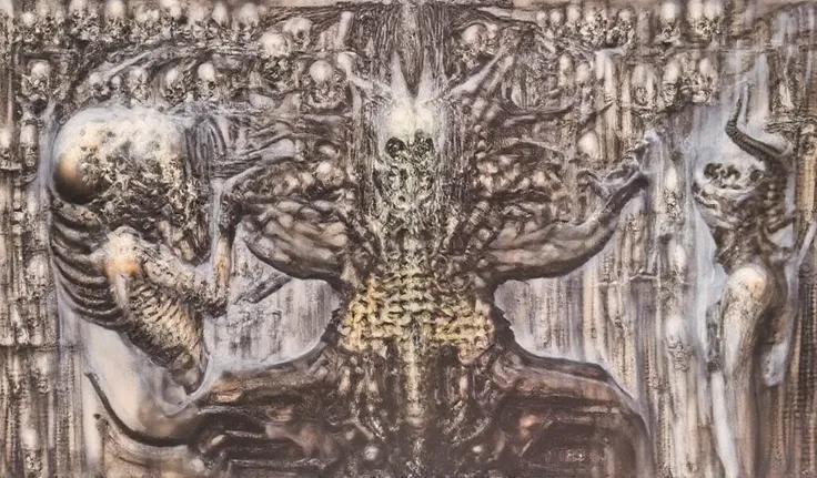 H. R. Gigers g1g3r, , Giger_style, The image is a detailed view of H.R. Gigers " for Judith " plate, featuring (  there is a drawing of a woman and a robot on a wall, an airbrush painting by H. R. Giger, featured on deviantart, neo-figurative, h.r. giger c...