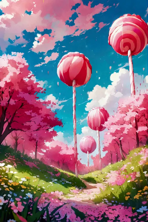 Pink forest, landscape, pink-themed, giant lollipops, pink grass, colorful sky, creamy clouds, giant cupcakes.