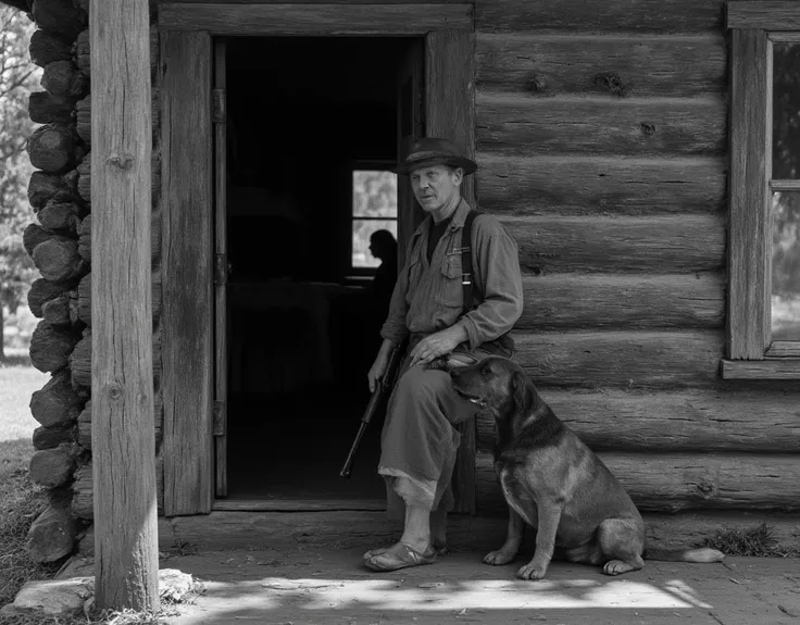 A stunning black and white cinematic image captured on the Canon EOS 5D Mark III with Ilford HP5 450 plus, the rustic setting is where a weathered wooden cabin stands modern against a backdrop of towering pine trees amidst poverty. The doorway, framed by r...