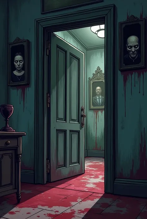 Also, a cartoon about inside the house with dried blood on the walls and portraits that look out the door.