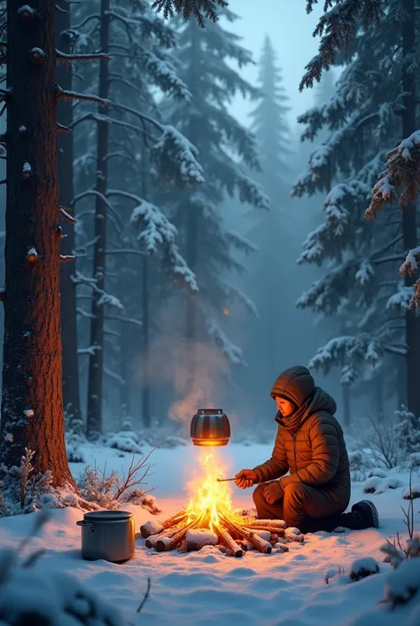 campfire in the forest in winter, thermos, pot over the fire.