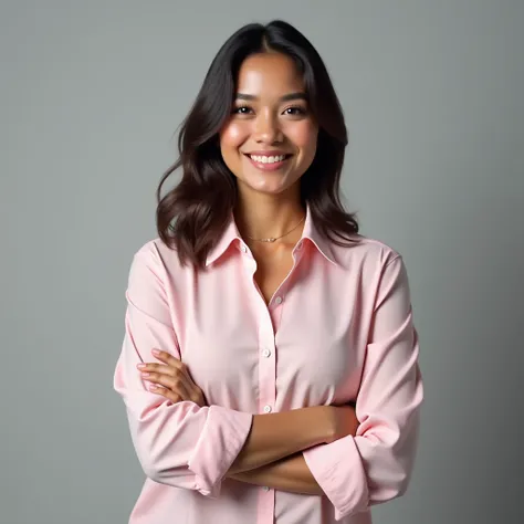 A 18-year-old Latin American woman, make her with a light pink blouse looking forward and with her arms crossed, with a slight smile, put a gray background in the image