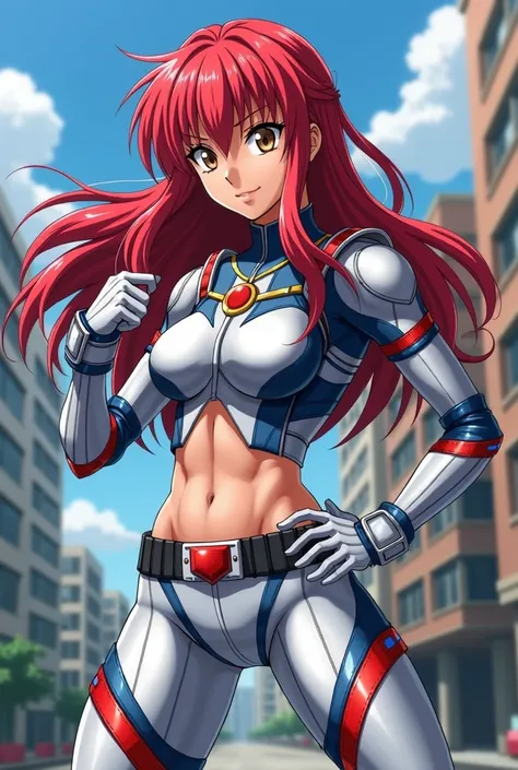 My Hero Academia Style , Anime girl, female, young female ,Full Body Shot,(fighting stance:1.3),Long hair, Red Hair,  Brown Eyes,Hero Suit, Full Body Suit, Silver suit with Red and Blue details,perfect anatomy,  Toughened Abs,super detailed,(Buildings:1.2）