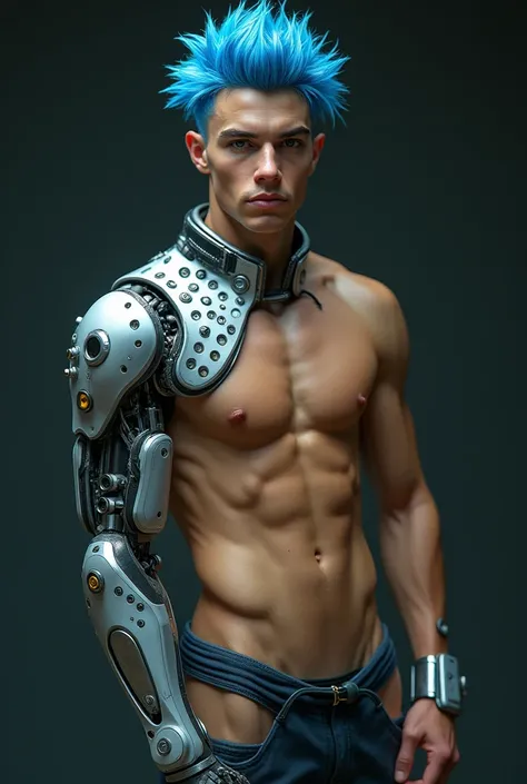 aesthetic teenage boy, no shirt, tan skin, blue hair, robotic body parts