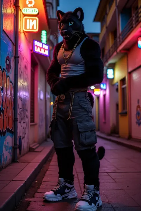 " male anthropomorphic panther ,  muscular and adult ,  with elegant black fur and electric blue eyes .  He wears a tight ,  tank top inspired by graffiti ,  cargo shorts , and striking sneakers ,  with chains and a gold grill on his teeth .  The panther s...