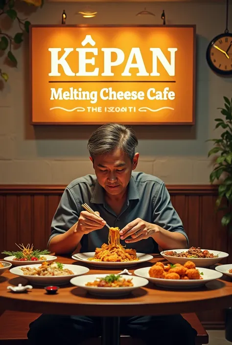 a malay man eating kepak korean chicken .  in front of him full of korean food dishes .  behind there is a signboard written by CMP Melting Cheese cafe.