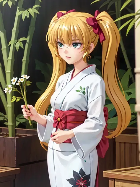 ((Daizoji Ayu )), bangs, blondes , greenい目,  hair bow ,  long hair,  Twin Tails ,green, yukata,  dot pattern, goldfish, yukata, white fan  , Plum Blossom,  Sunny Day々 , flower arrangement, bamboo forest,   delicate Japanese style ,  The scent of flowers 