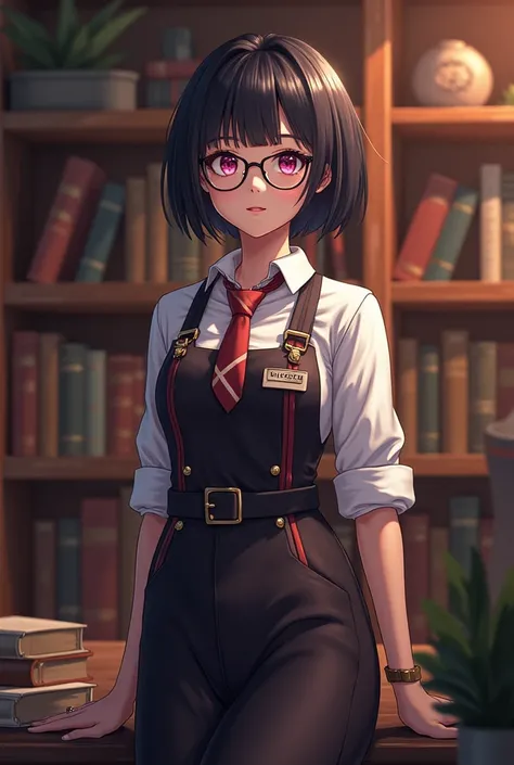 Girl with black short hair with glasses, she have pink eyes. She is 165 cm tall, Wearing adventure guild receptionist suit stand in bookshelf in background 