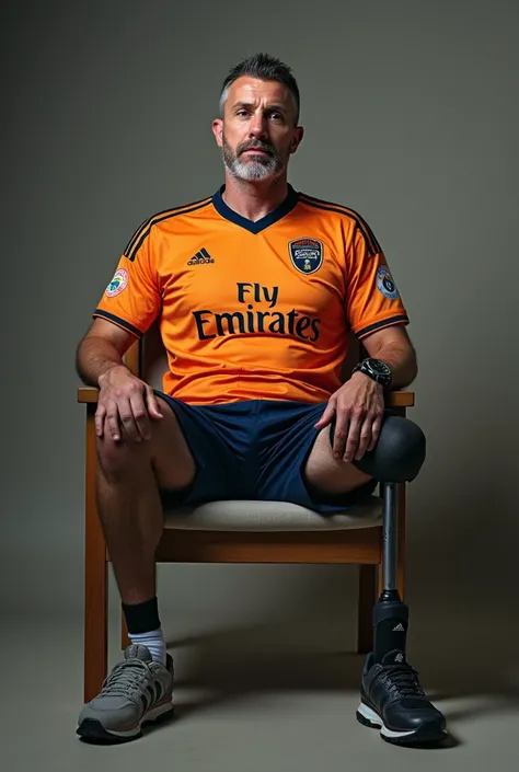 An amputee one leg man wear soccer jersey sitting on a chair 